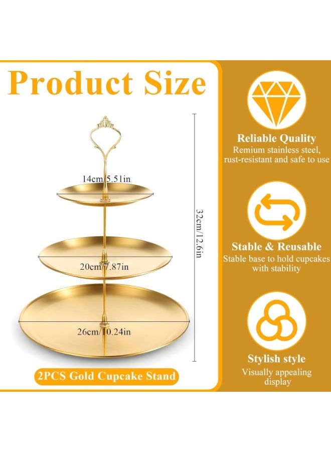Arabest Cupcake Stand, 2pcs 3 Tier Metal Serving Tray, Cake Display Stand Dessert Table Display Set, Cup Cake Tower Stand, Fruit Candy Display Tower, for Wedding Tea Party Celebration (Gold) - Image 3